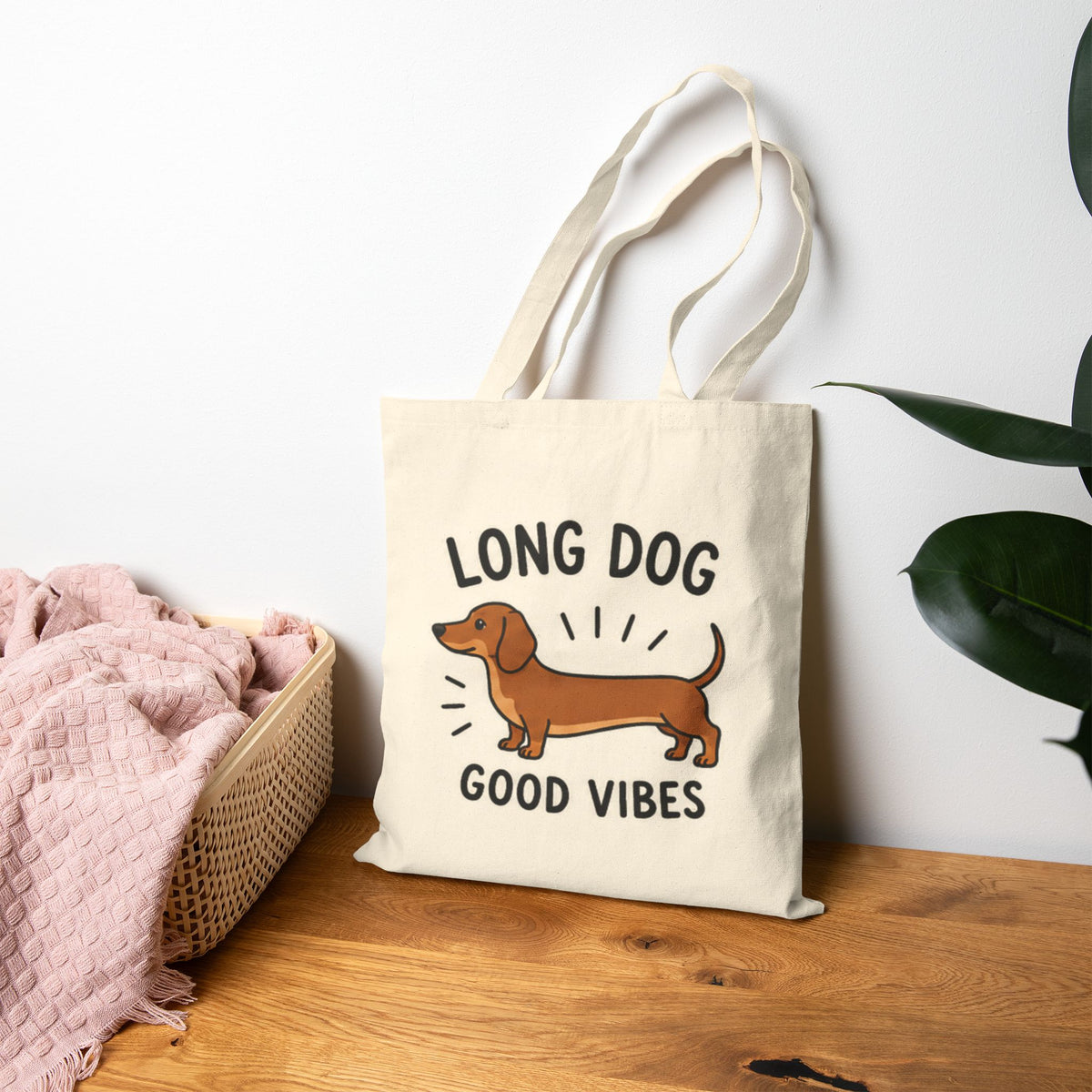 Dachshund Tote — “Long Dog, Good Vibes” Cotton Canvas Market Bag